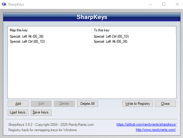 SharpKeys mapping screenshot