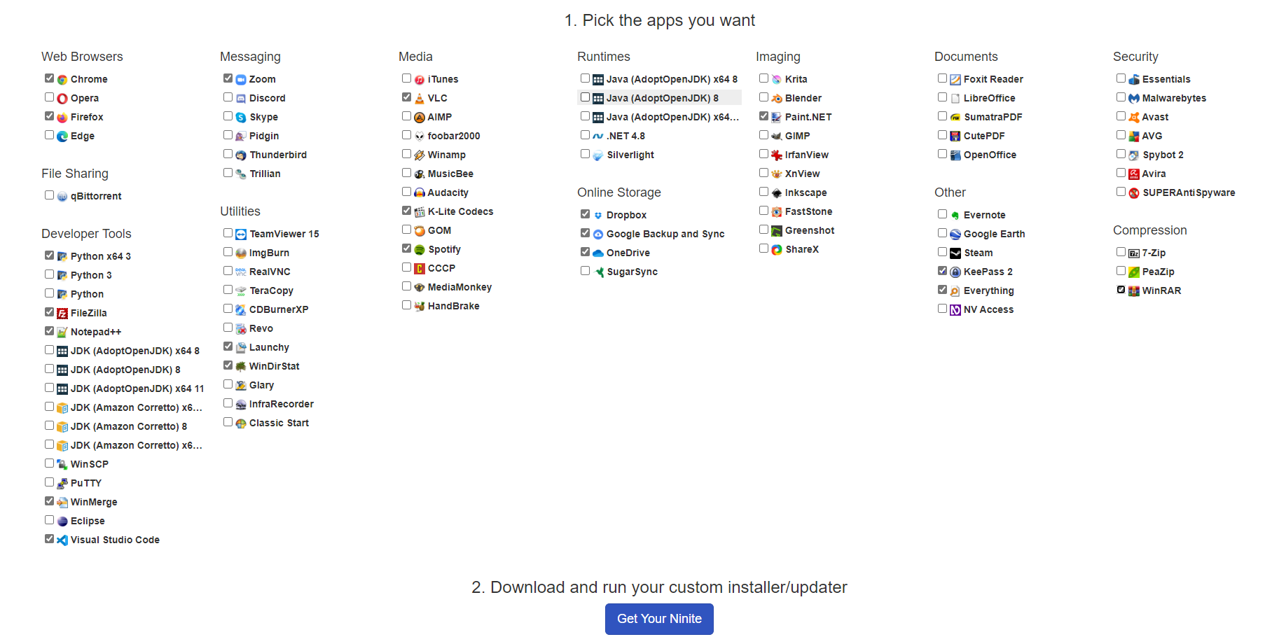 Ninite app selection screenshot